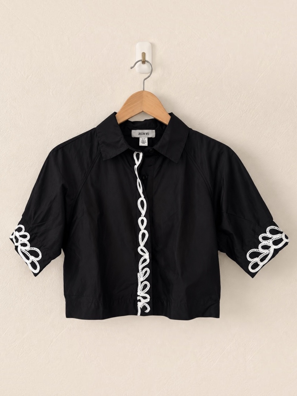 Jason Wu Black White Embroidered Cropped Button Front Blouse Top Size S